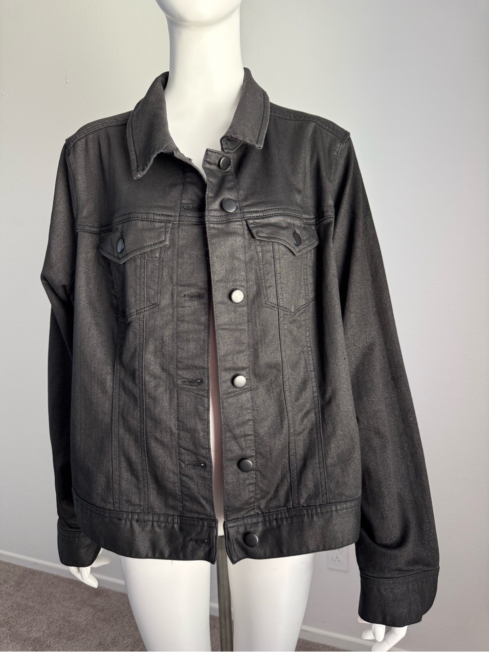 Chambrai Los Angeles Black Coated Waxed Denim Snap Jacket Size XL Moto Style